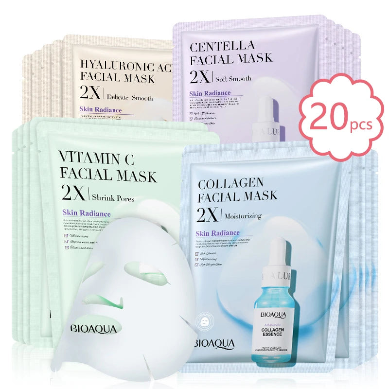 20pcs Collagen & Centella Face Masks with Hyaluronic Acid for Moisturizing & Refreshing Skin Care