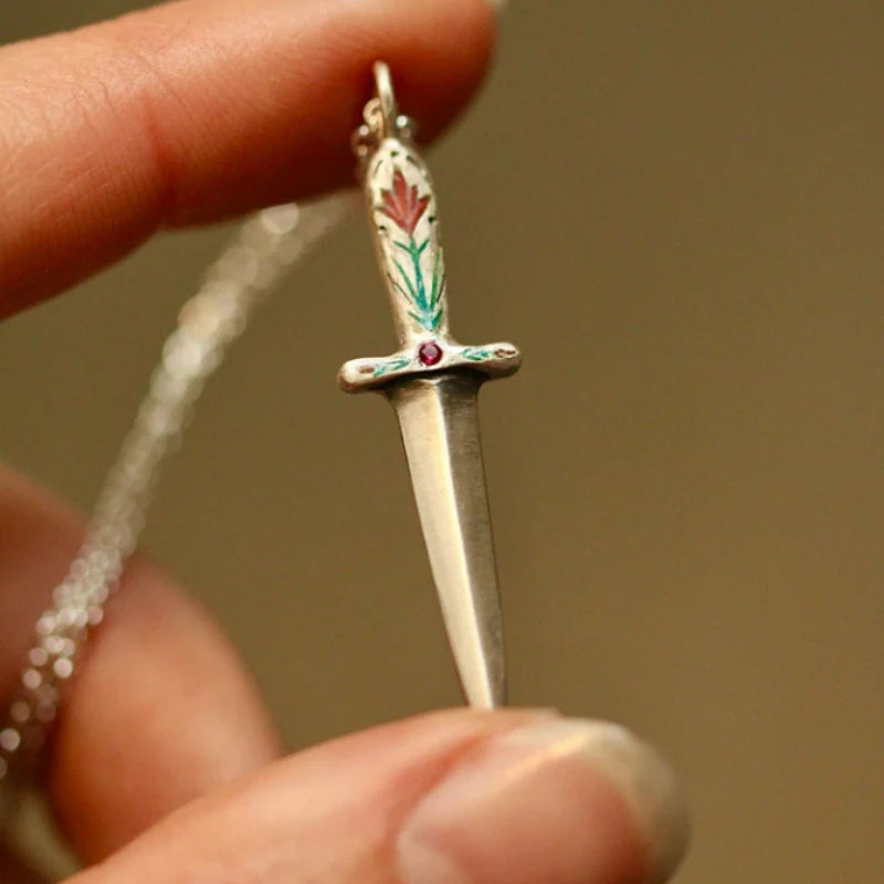 Vintage Silver Sword Pendant Necklace for Women Enamel Flower Dagger Jewelry