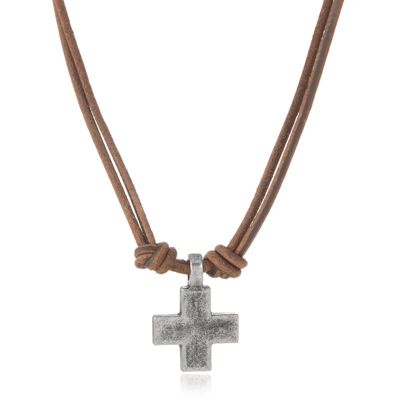 Women and Men Retro Woven Cross Pendant Necklace Rope Leather Chain
