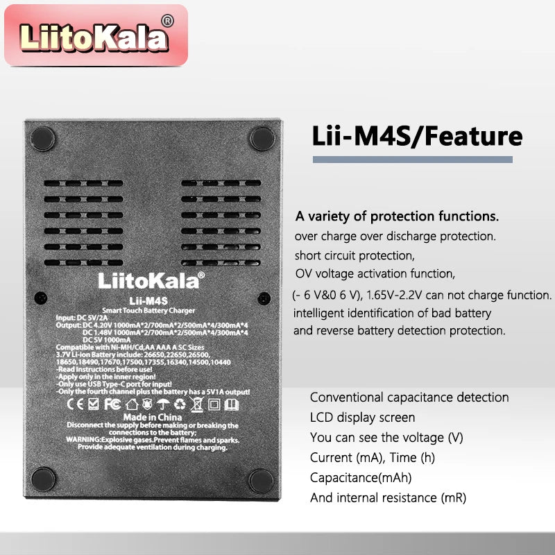 Smart 4-Channel Battery Charger with LCD & USB Power Bank for Li-ion Batteries