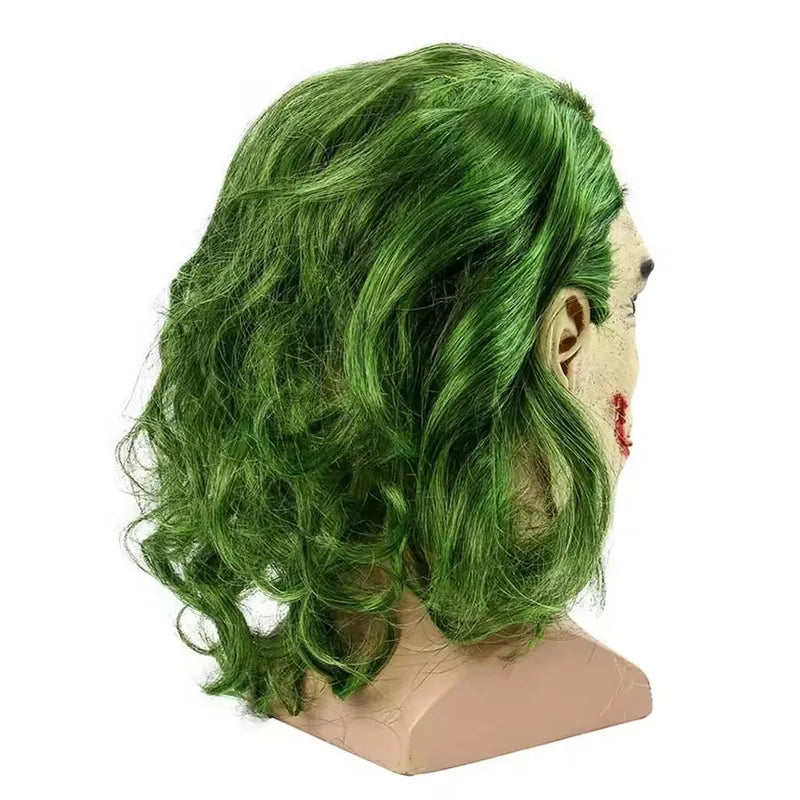 Halloween Clown Mask Latex Joker Costume Mask with Green Hair Wig - Horror Cosplay Prop
