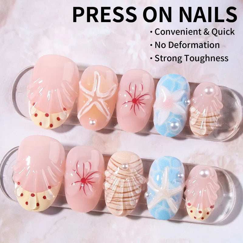 24 Pieces Gel Flower Starburst French Press Nails - Summer Ocean Style Manicure Set