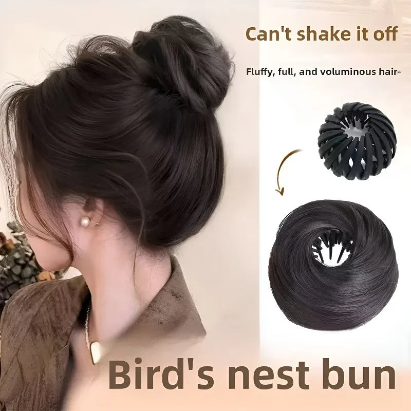 Synthetic Hair Bun with Elastic Clips Bird's Nest Style Hairpiece - Retractable & Fashionable