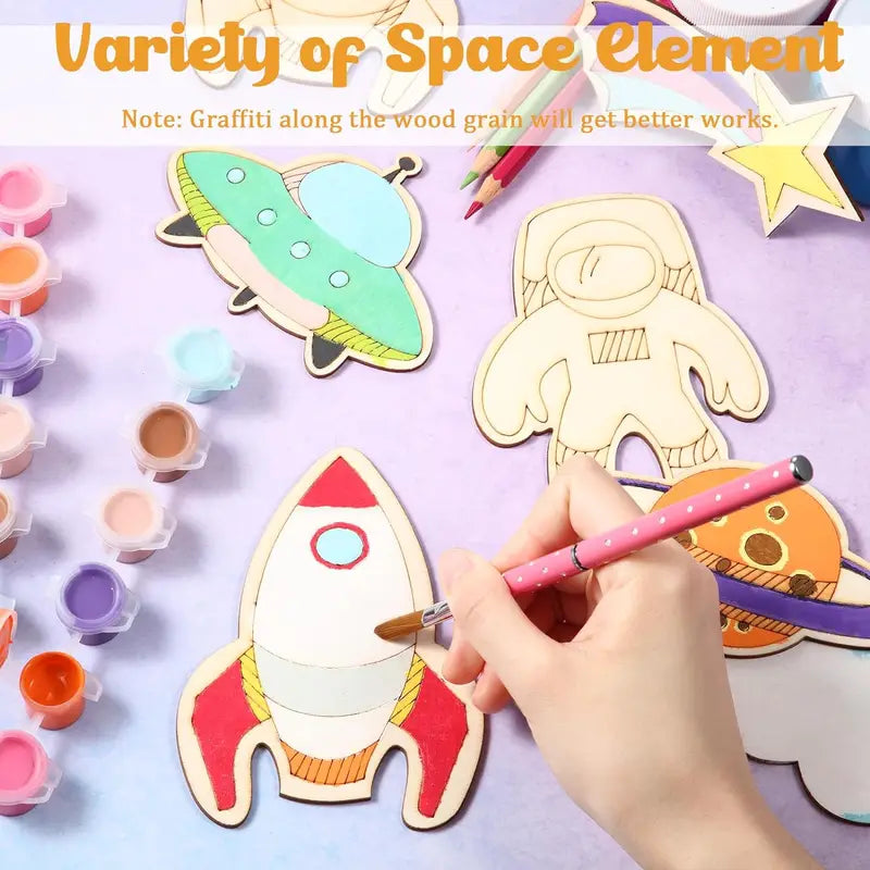 Wooden Space Craft Cutouts for Kids DIY Art Projects and Home Decor - 32 Pieces