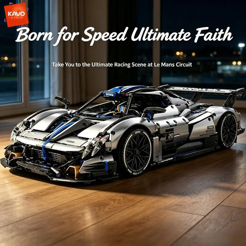 Super Sports Car Building Blocks Set 1:8 Scale DIY Race Car Model Kit - Silver Blue, Mechanical & Display