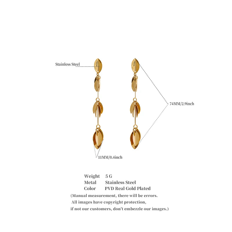 Long Leaf Drop Dangle Earrings - Stylish Handmade Metal Jewelry