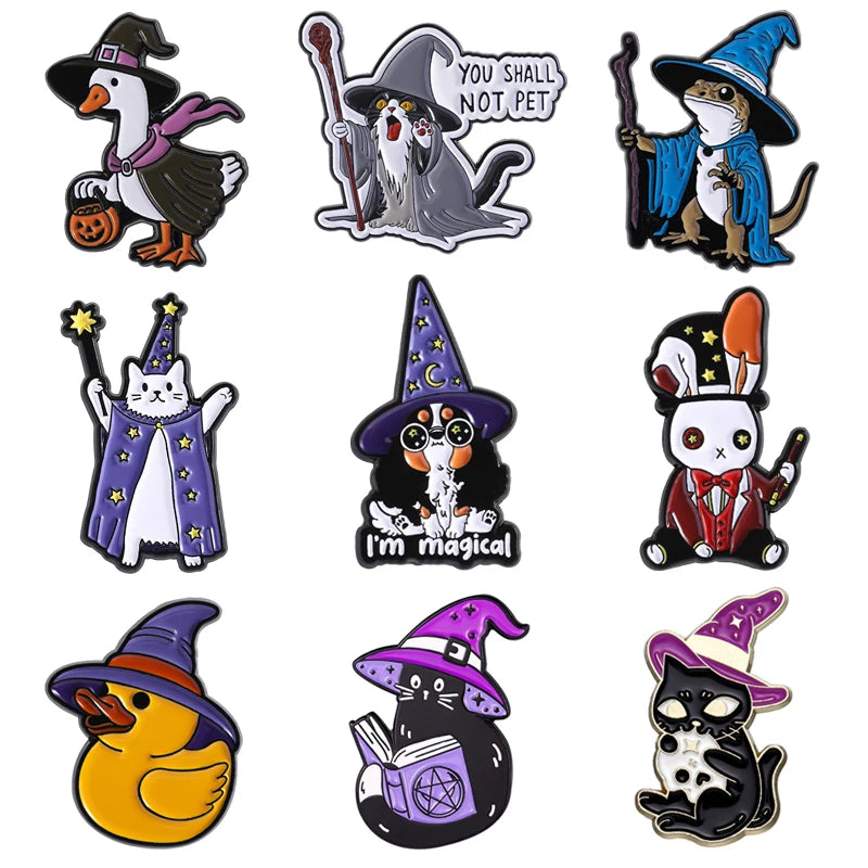 Halloween Animal Enamel Pin Set — Frog Wizard Brooches for Kids & Friends