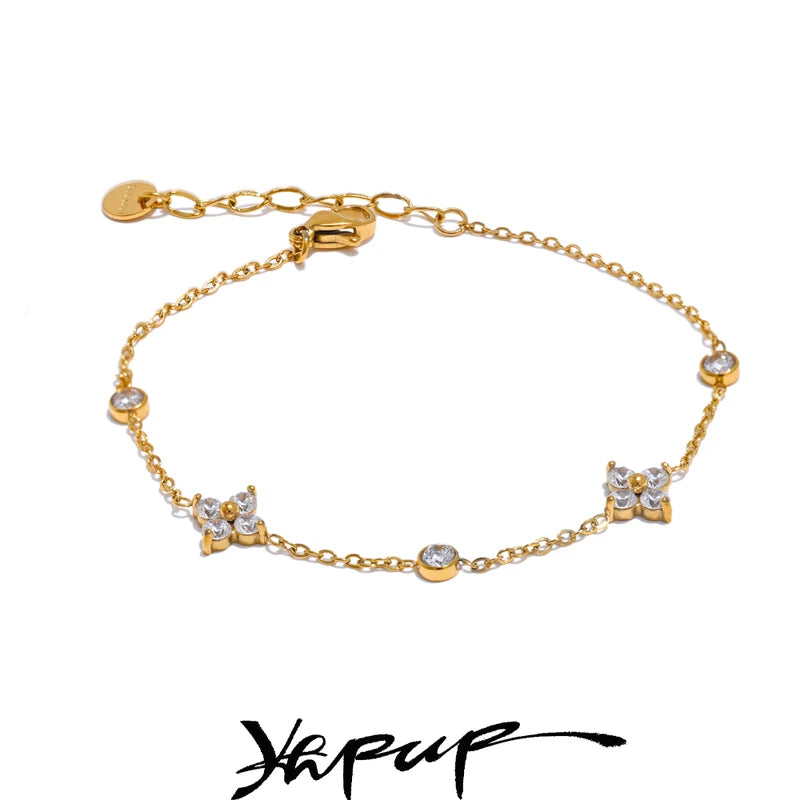 Delicate Cubic Zirconia Flower Chain Bracelet Thin Bangle Stainless Steel Jewelry