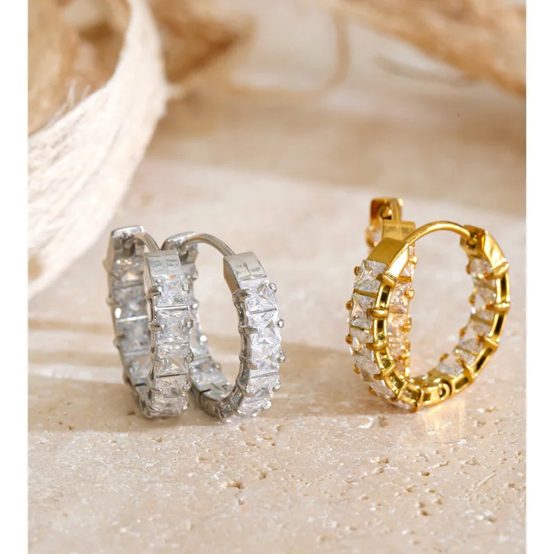 Stainless Steel Cubic Zirconia Hoop Earrings for Women - Shiny Daily Jewelry