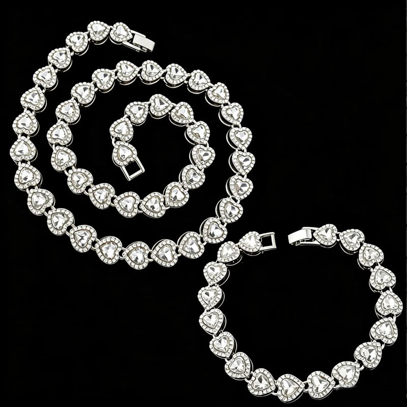 Luxury Crystal Heart Cuban Link Chain Bracelet Necklace Set - Hip Hop CZ Jewelry