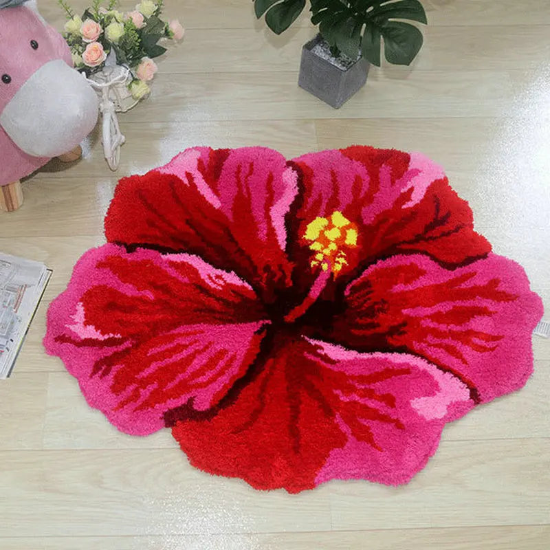 Red Hibiscus Plush Tufted Carpet Floor Mat - Bathroom, Living Room & Bedroom Decor