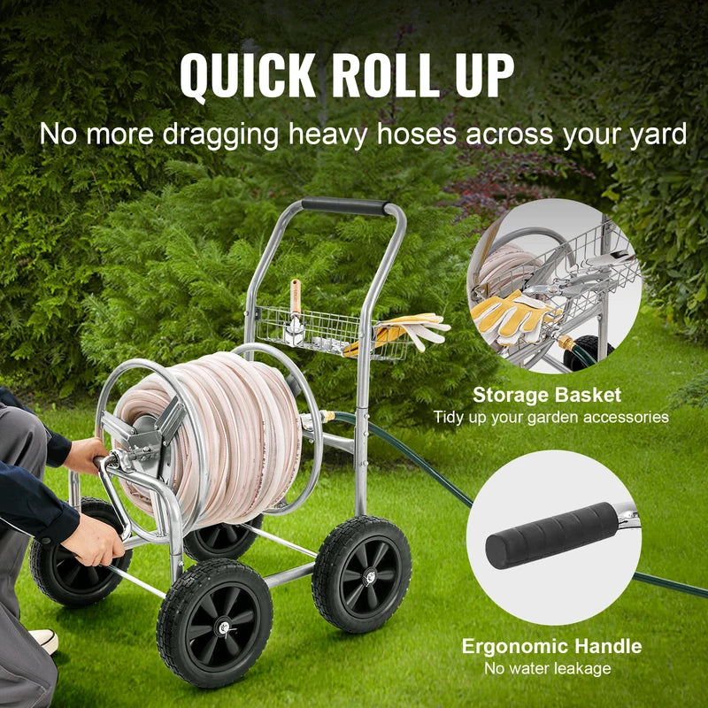 Heavy Duty Garden Hose Reel Cart 250ft with Steel Frame & Basket