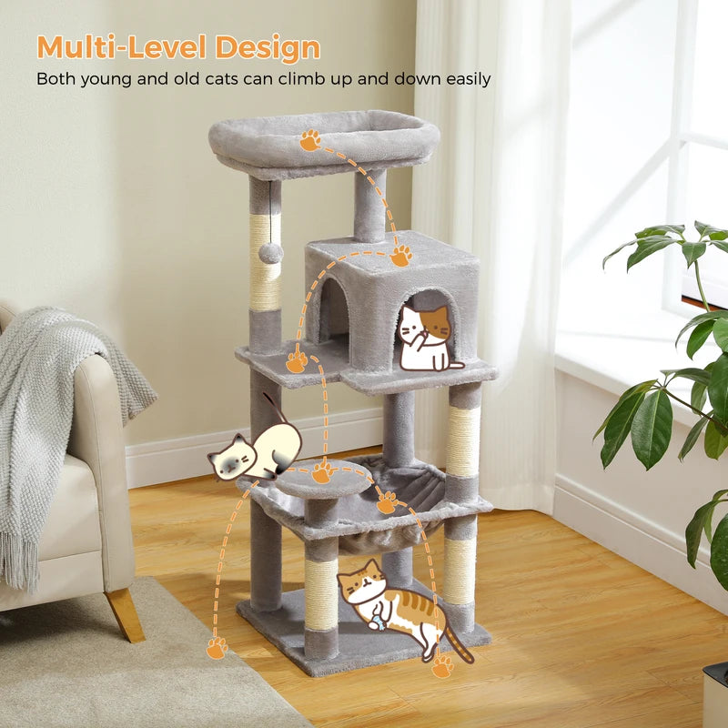 Multi-Level Indoor Cat Tree Tower with Large Hammock and Big Top Perch - Suitable for Large Cats