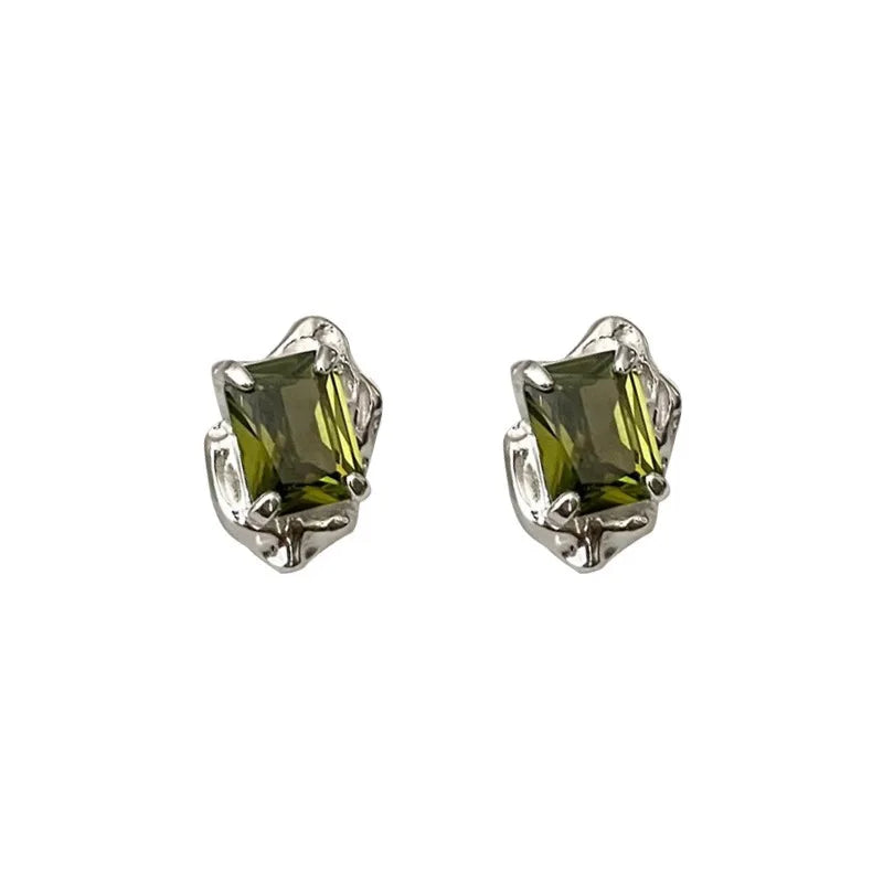 Sterling Silver Stud Earrings with Green Square Crystal & Lava Design for Women Girls