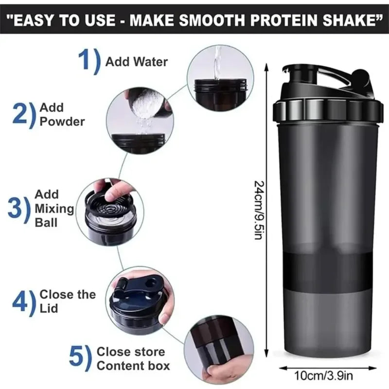 16 Oz Leak-Proof Protein Shaker Bottle with Multiple Compartments & Non-Slip Grip