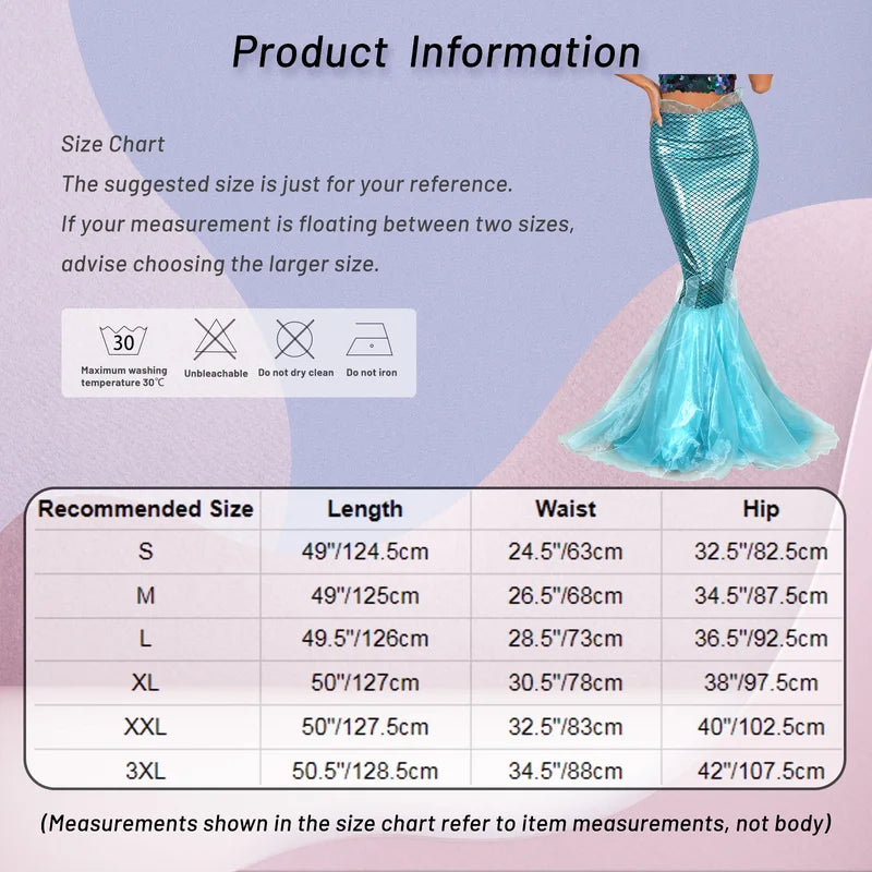 Women Mermaid Costume Fishtail Skirt for Halloween Cosplay Party Dress Up
