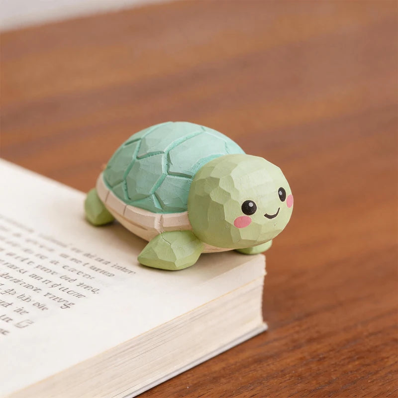 Hand Carved Wooden Turtle Figurine - Cute Green Tortoise Statue for Home Office Decor