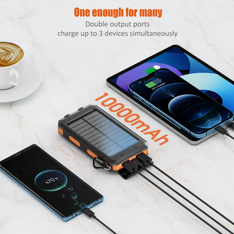10,000mAh Solar Power Bank with Dual USB & Type C, Flashlight & Compass
