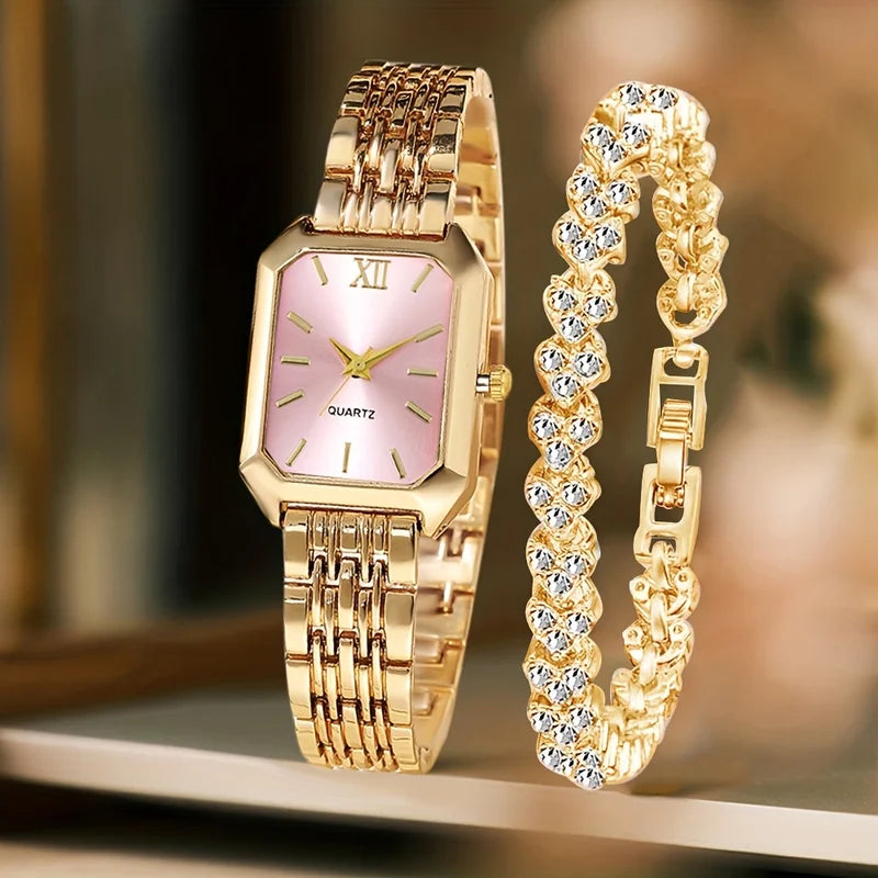 2-Pack Women's Quartz Wristwatches with Rhinestone Bracelets - Multiple Colors