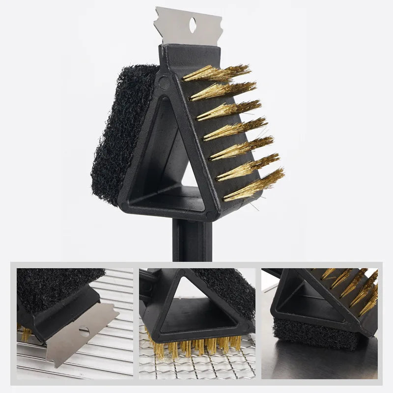 3-in-1 Copper Wire Grill Brush with Sponge and Shovel Long Handle