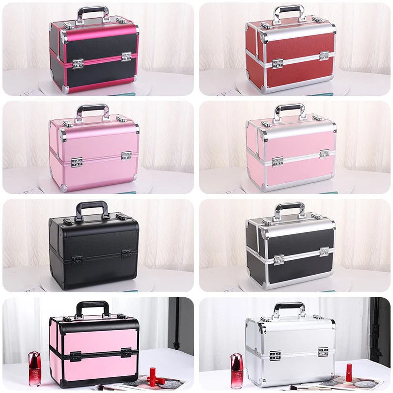Makeup Train Box with Adjustable Trays Lockable Cosmetic Storage Organizer