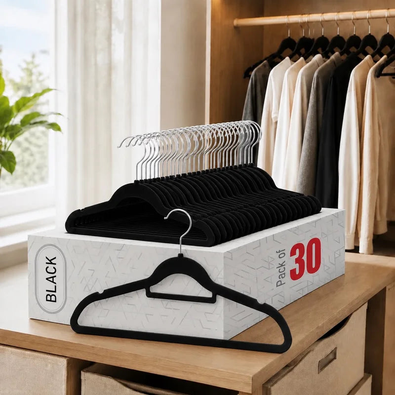 Multi-Color Velvet Non-Slip Clothes Hangers with 360° Rotating Chrome Hooks - Pack of 30 or 60