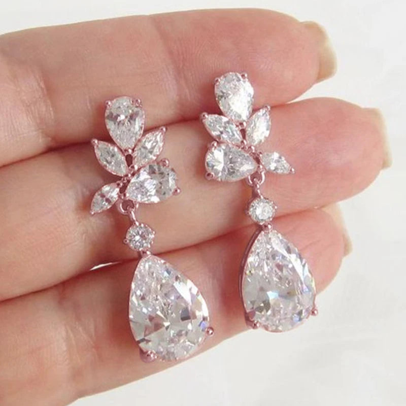 Crystal Drop Earrings with Cubic Zirconia - Trendy Silver Tone Women Jewelry