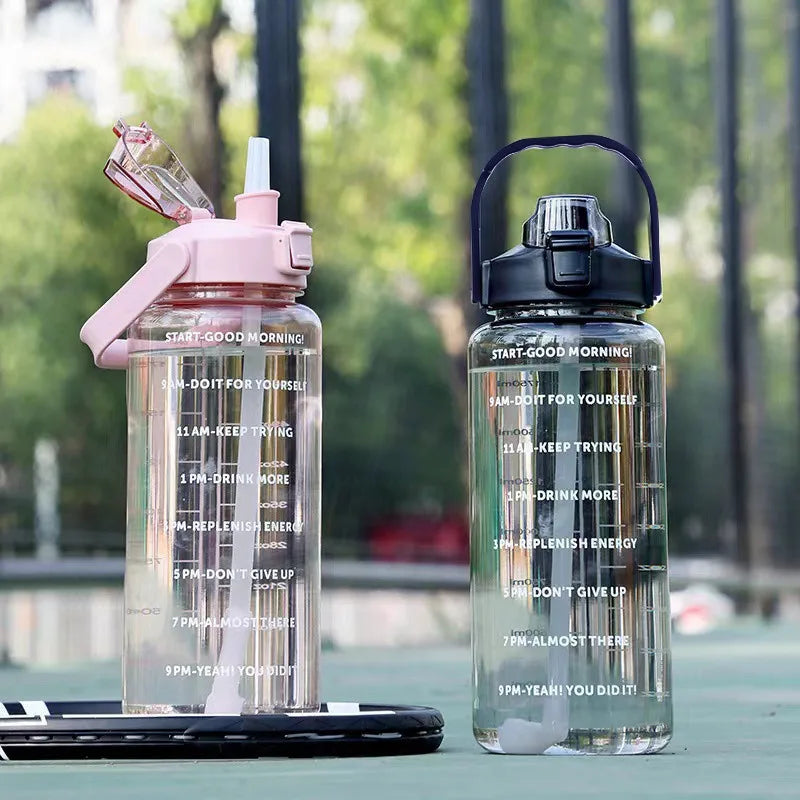 Large 2L Plastic Water Bottle with Motivational Time Markers & Silicone Straw