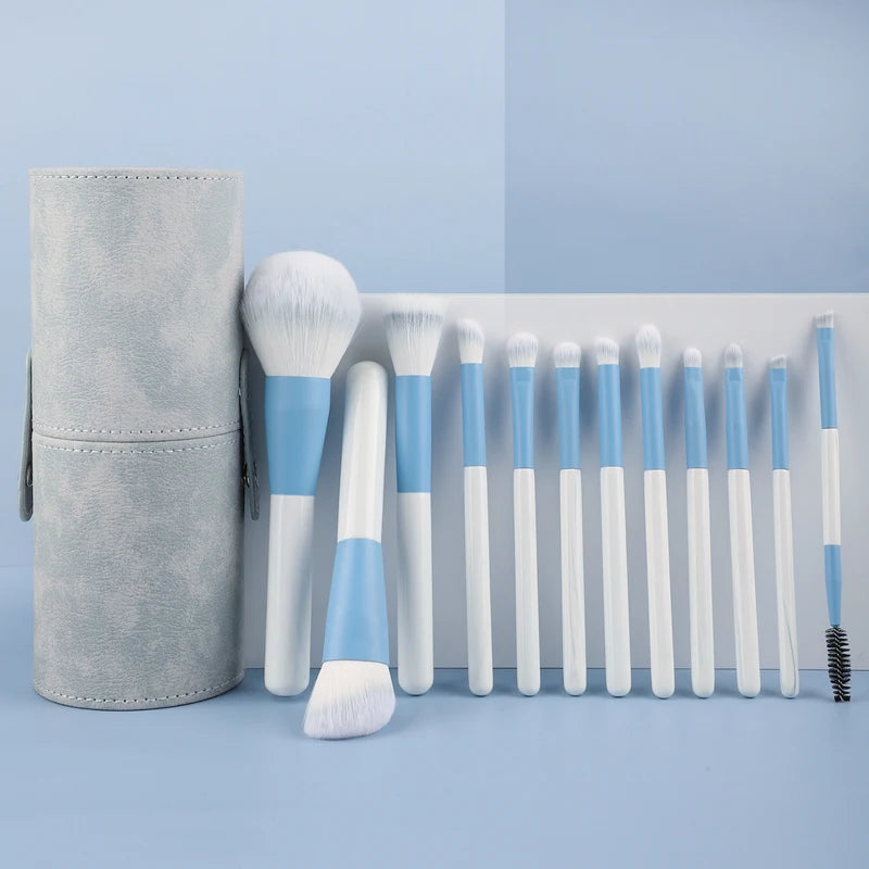 12-Piece Makeup Brush Set with Synthetic Nylon Bristles and Wooden Handles