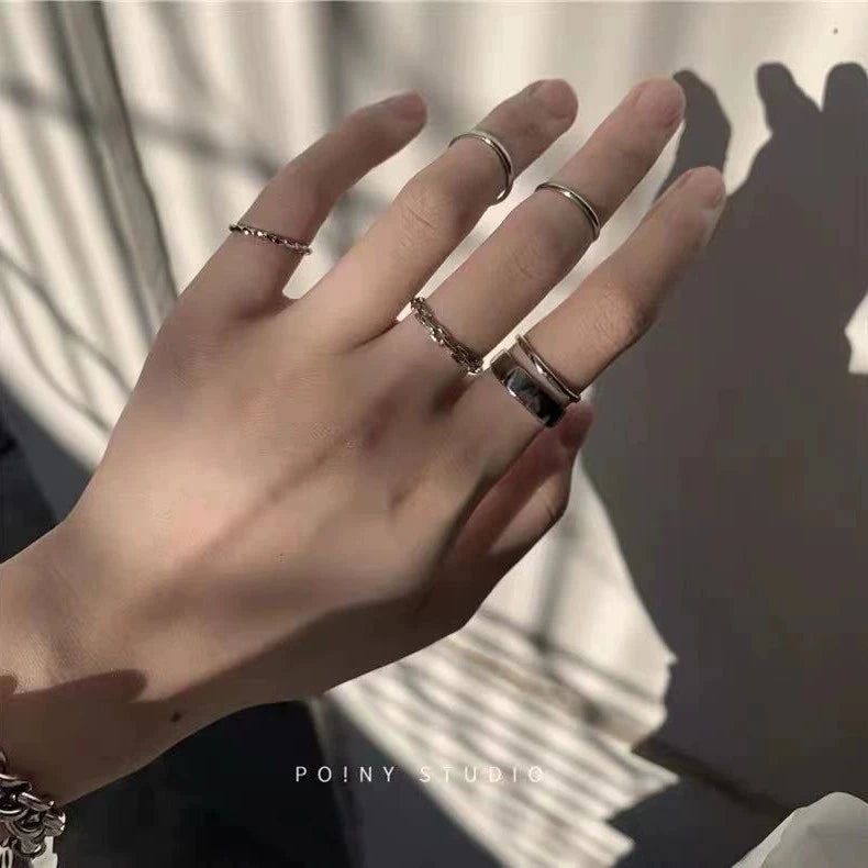 7-Piece Punk Geometric Ring Set for Women Silver Color Jewelry