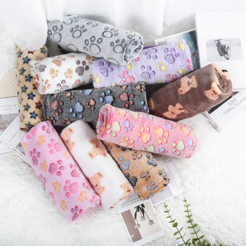 Soft Fluffy Pet Blanket for Dogs and Cats - Warm Comfortable Flannel Mat with Paw Print Pattern