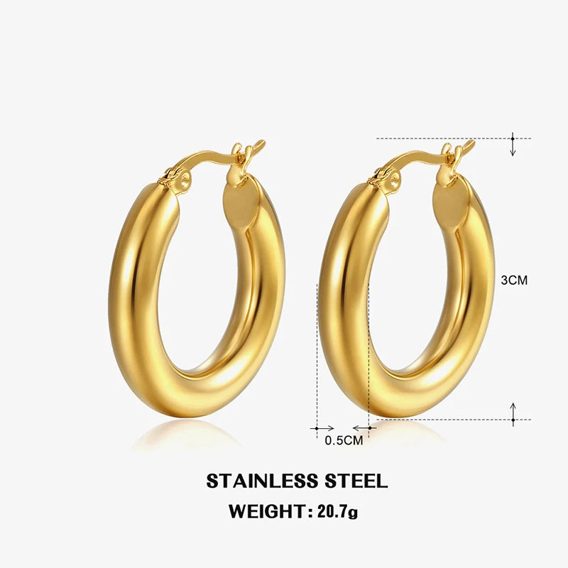 Classic Round Hoop Earrings for Women - Stainless Steel, 5mm Thick, Vintage Jewelry