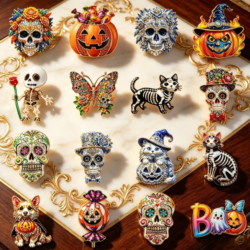 Halloween Sugar Skull Enamel Brooch Gothic Pumpkin Skeleton Cat Lapel Pin Jewelry Gift