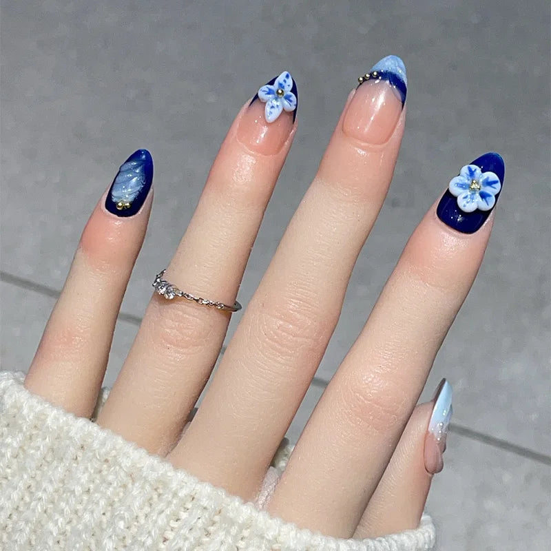 10pcs Short Almond Fake Nail Kit with Carved Flowers and Ribbon - Nude & Colorful Variants