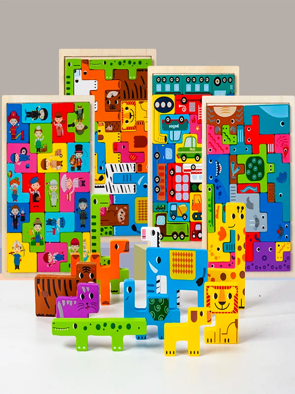 Montessori Animal Characters Wooden Puzzle for Kids - Transportation and Russian Blocks