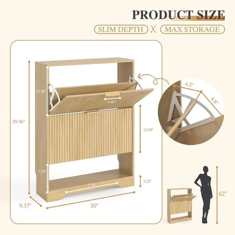 Slim Modern Shoe Storage Cabinet with 2 Drawers & Adjustable Shelf