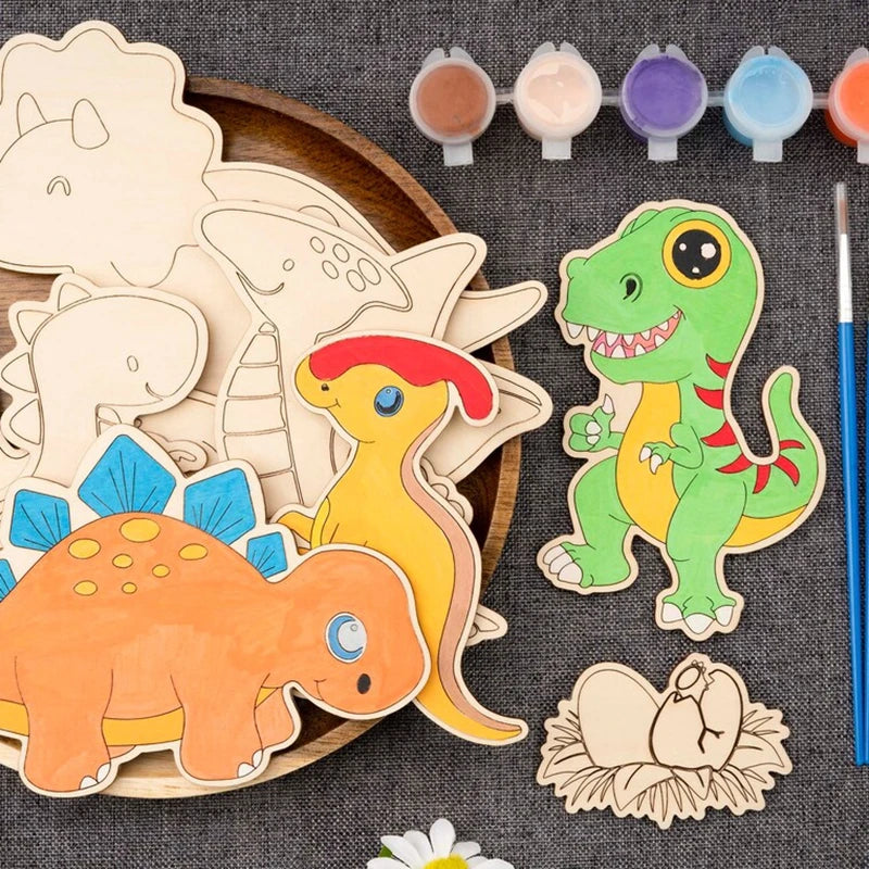 12pcs Wooden Dinosaur Craft Set for Birthday Party Decorations and DIY Gifts