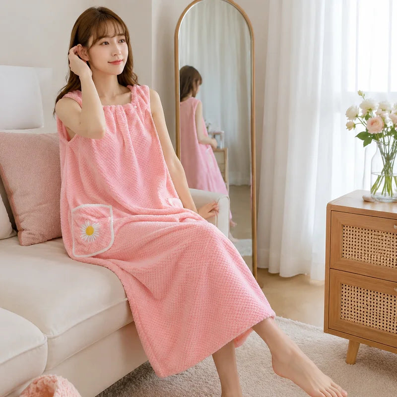 Women Wearable Bath Towel Wrap - Absorbent Long Polyester Bathroom Robe