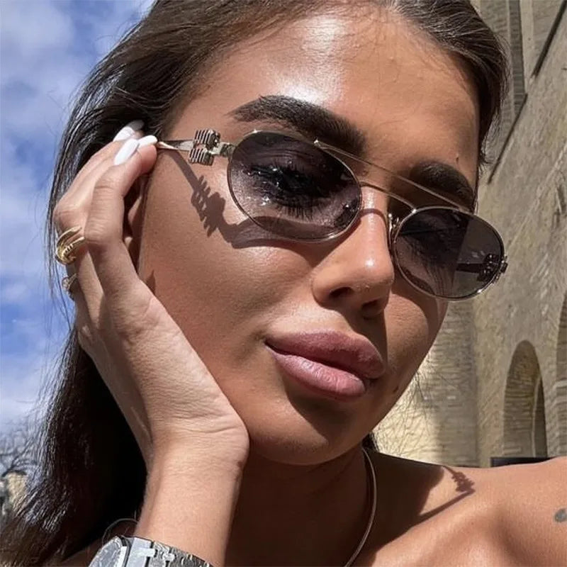 Trendy Double Beam Metal Frame Oval Sunglasses Unisex UV Protection