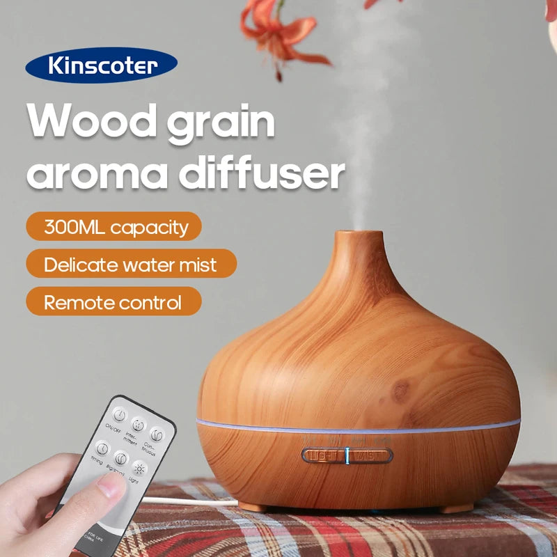 Wood Grain Aromatherapy Diffuser with 300ml Water Tank Ultrasonic Cool Mist Night Light