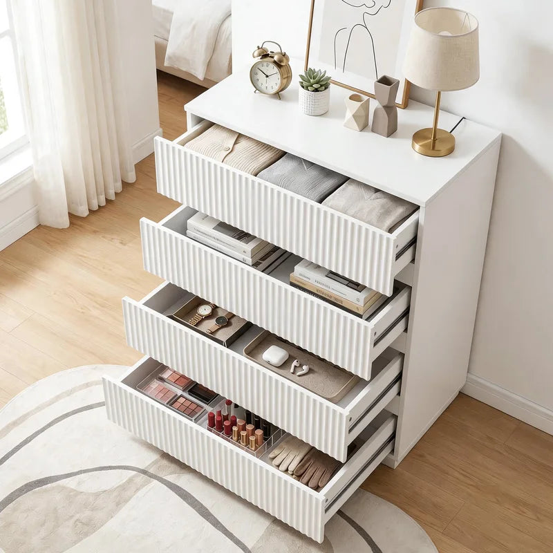 White Fluted 4-Drawer Chest of Drawers - Tall Storage Dresser for Bedroom & Living Room
