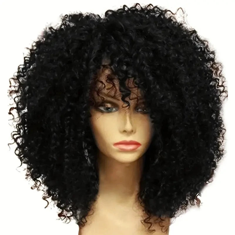 16 Inch Afro Kinky Curly Synthetic Wig with Bangs for Party Cosplay & Daily Wear