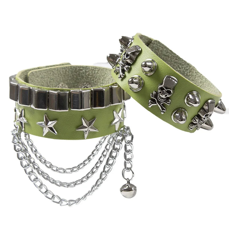 2-Pack Emo Goth Punk Leather Bracelets with Skull Rivets & Metal Chain