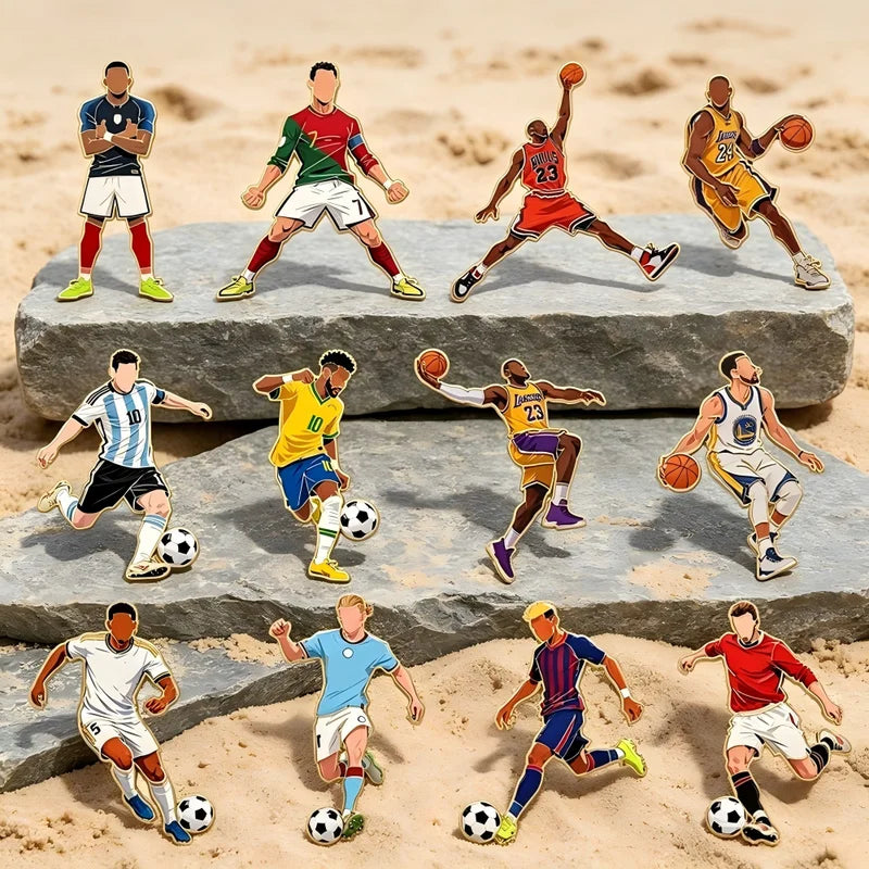 Sports Star Enamel Pins Set - Soccer & Basketball Athlete Metal Brooches, Decorative Pins for Fans