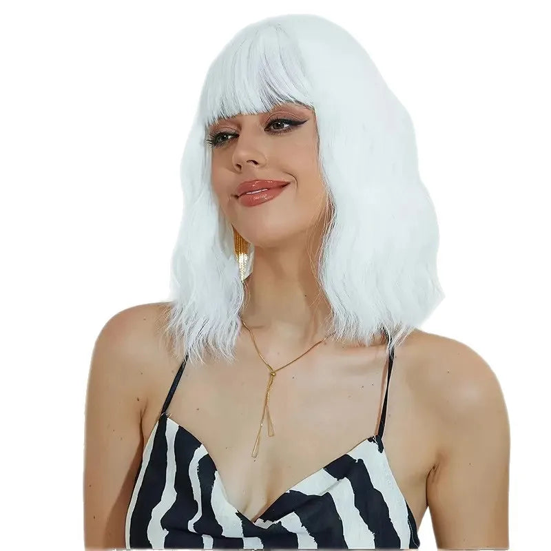 Women’s Water Wave Curly Synthetic Wig Short Beveled Mid-Split Fashion Hair