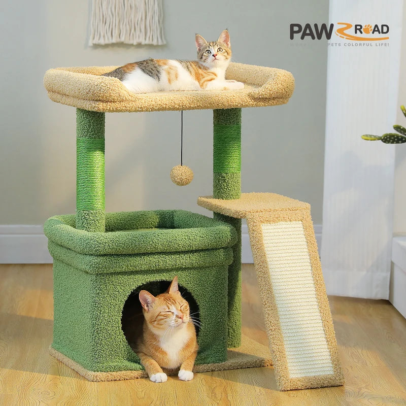 Small Cat Tree Tower with Sisal Scratching Posts and Large Perch - Indoor Cat Furniture