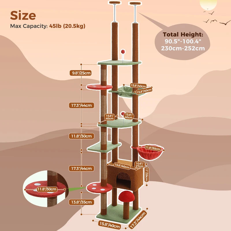 Adjustable Floor-to-Ceiling Cat Tree Tower with Condo Hammock & Scratching Post