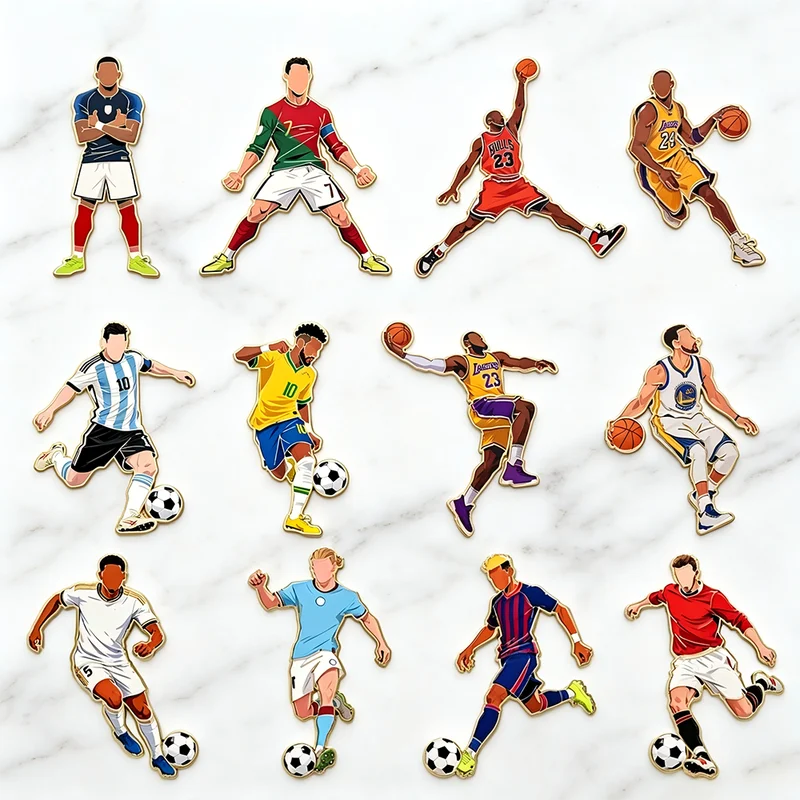 Sports Star Enamel Pins Set - Soccer & Basketball Athlete Metal Brooches, Decorative Pins for Fans