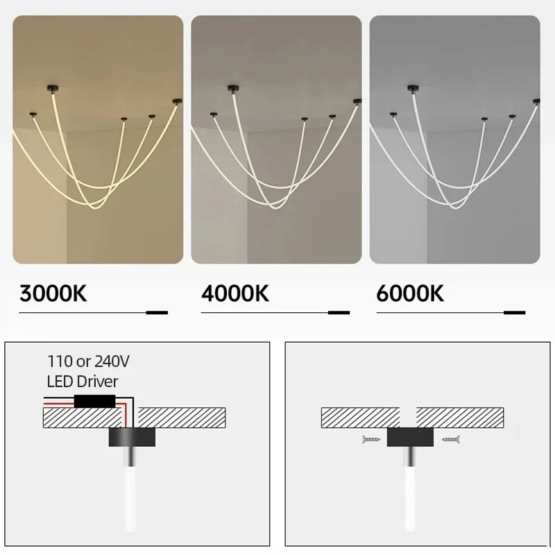 Nordic Long Line Pendant Lighting Modern LED Chandelier for Restaurant Cafe Bar Dining Room