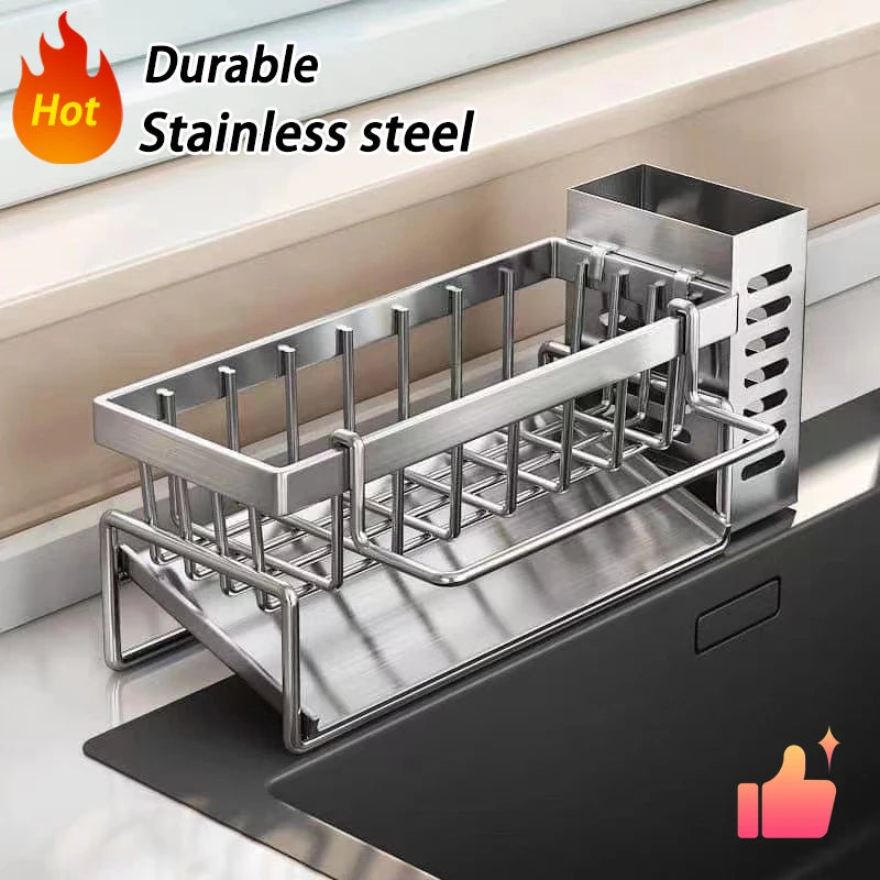 Stainless Steel Sink Cleaning Tools Storage Rack Kitchen Organizer with Drip Tray